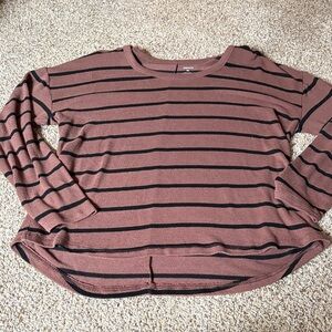 Sonoma Mauve-Brown Long Sleeve Striped Scoop-Hem Tee